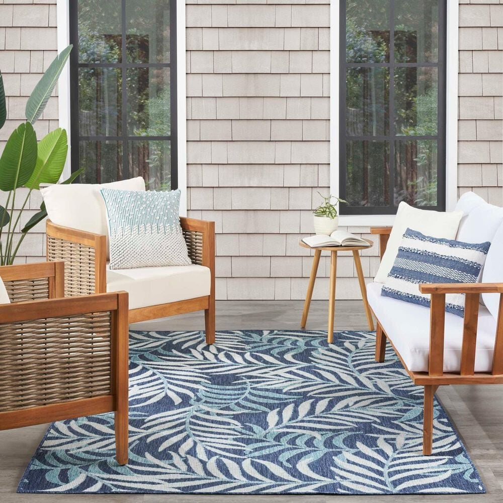 Nourison Garden Oasis Ivory and Navy 5&#39; x 7&#39; Indoor/Outdoor Area Rug, , large