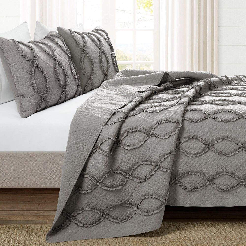 Triangle Home Fashions Avon Textured Ruffle 3-Piece King Comforter Set in Dark Gray, , large