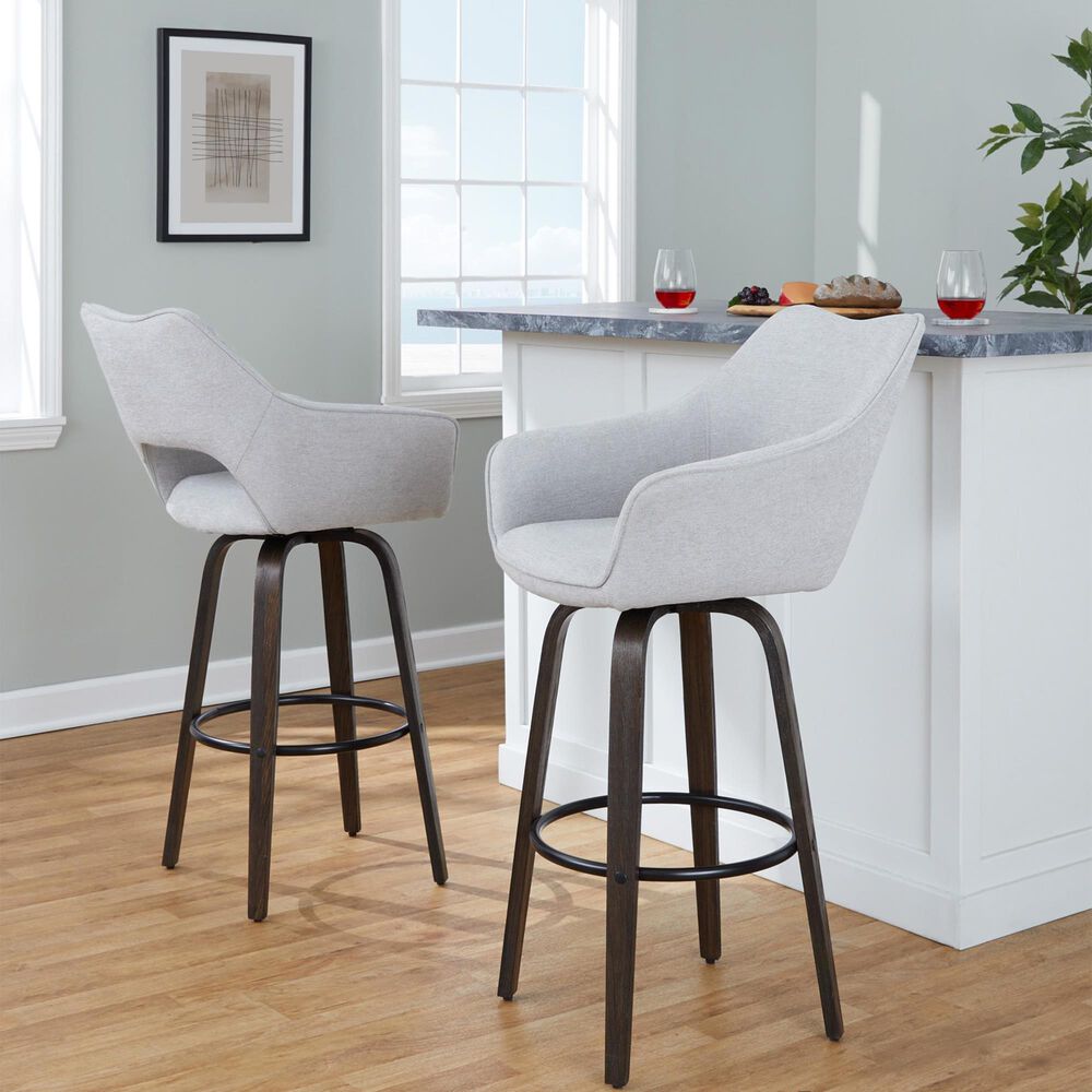 LumiSource Mustang 30" Swivel Bar Stool with Grey Fabric Upholstery in Glazed Walnut and Black (Set of 2), , large