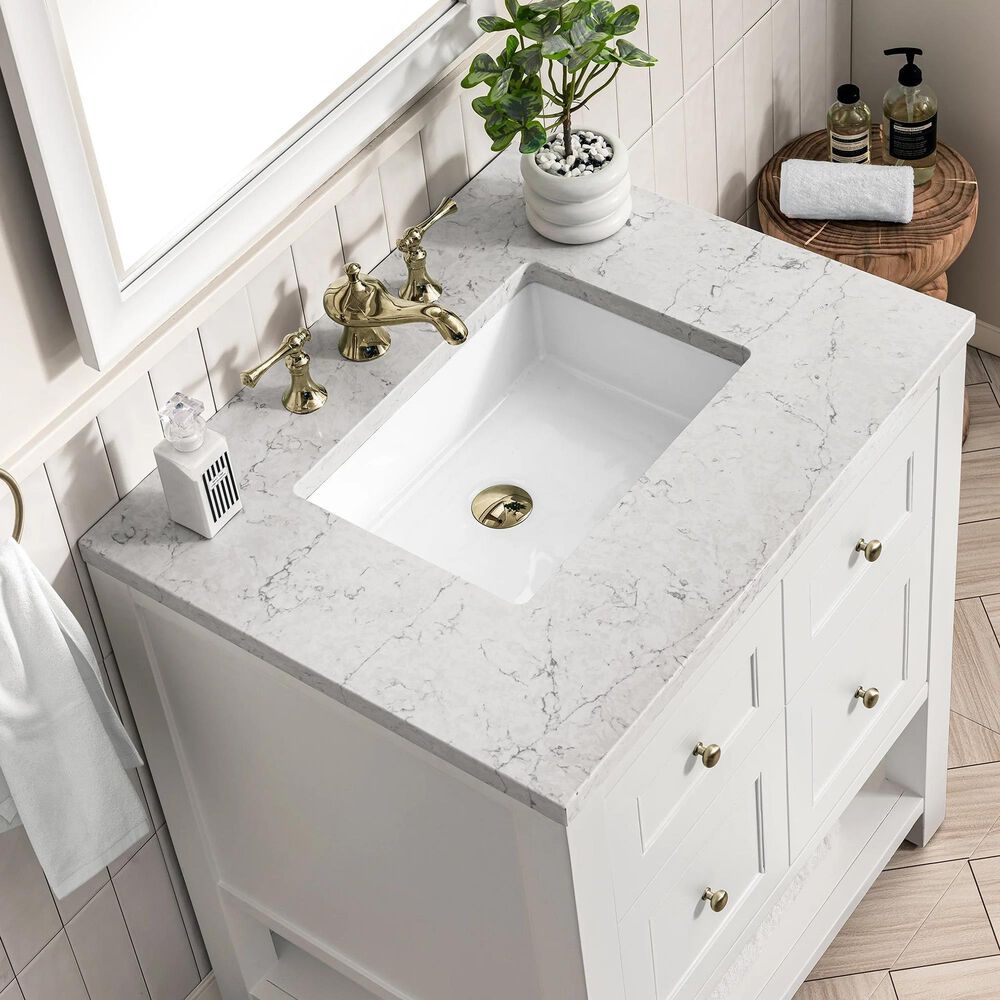James Martin Vanities Breckenridge 30&quot; Single Bathroom Vanity in Bright White with 3 cm Carrara White Marble Top and Rectangular Sink, , large