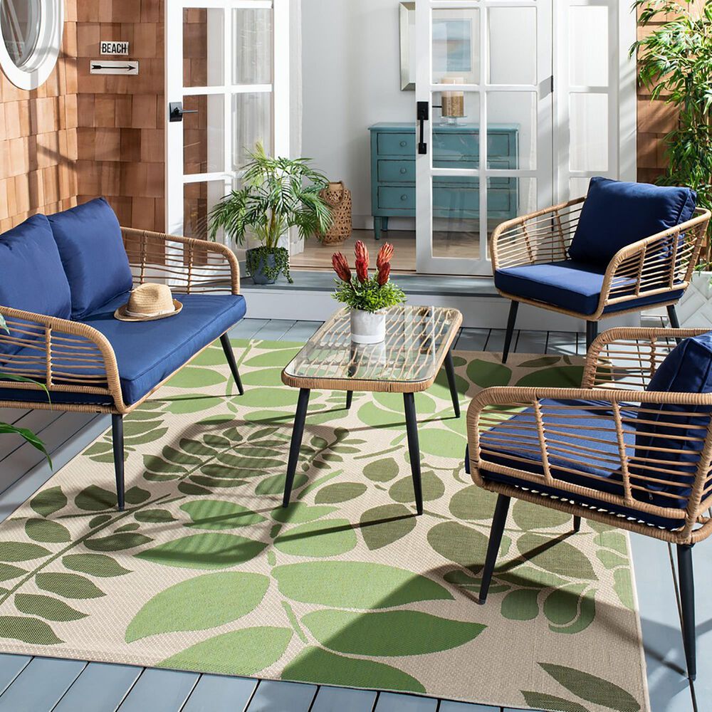 Safavieh Henderson 4-Piece Patio Living Set with Navy Cushion in Natural and Black, , large