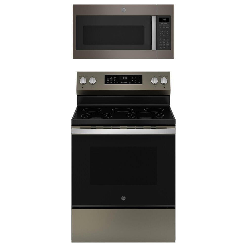 GE Appliances 2-Piece Kitchen Package with 5.3 Cu. Ft. Free-Standing Electric Range and 1.9 Cu. Ft. Over-The-Range Microwave in Fingerprint Resistant Slate and Black, , large