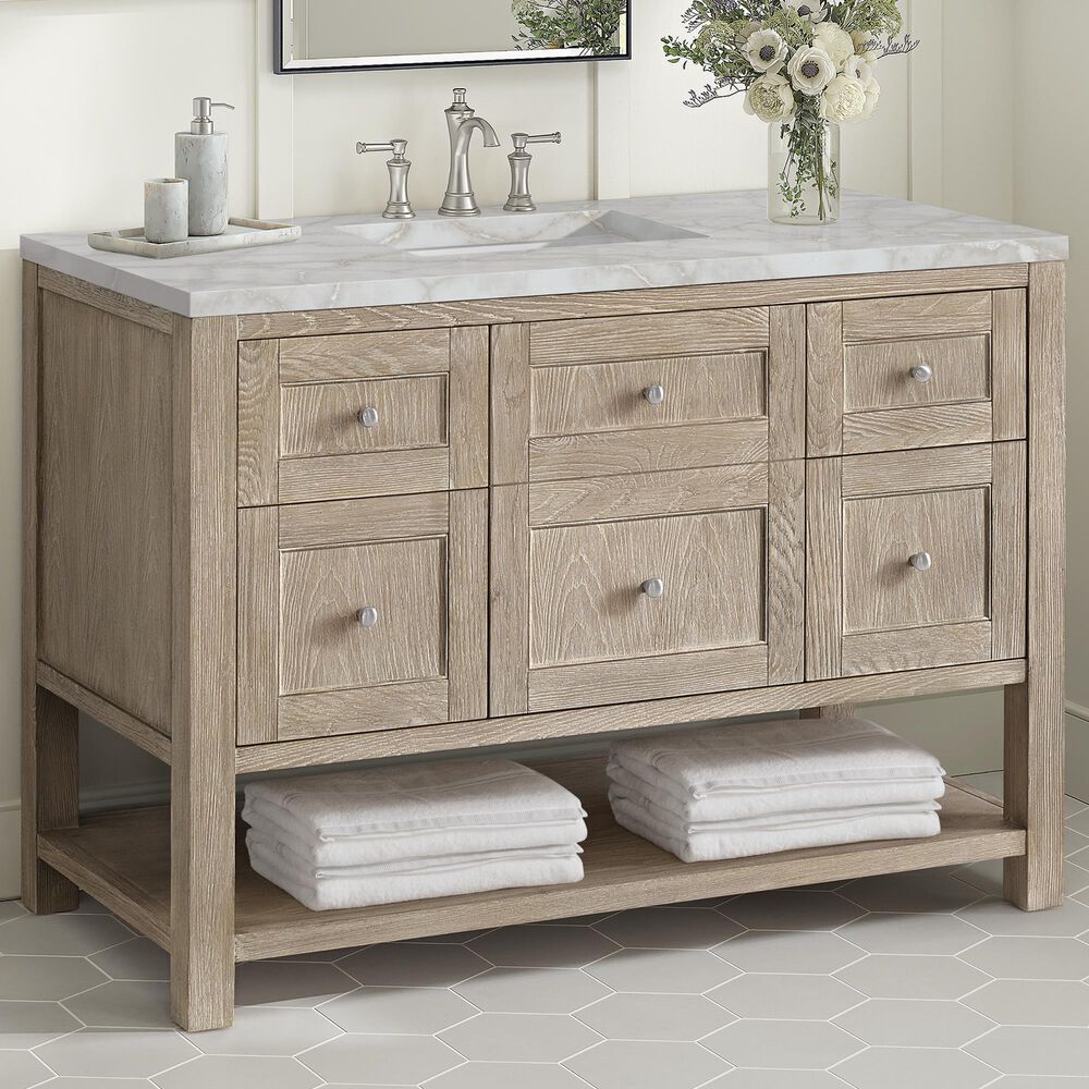 James Martin Vanities Breckenridge 48" Single Bathroom Vanity in Whitewashed Oak with 3 cm Eternal Jasmine Pearl Silestone Top, Rectangular Sink and FreePower Wireless Charger, , large