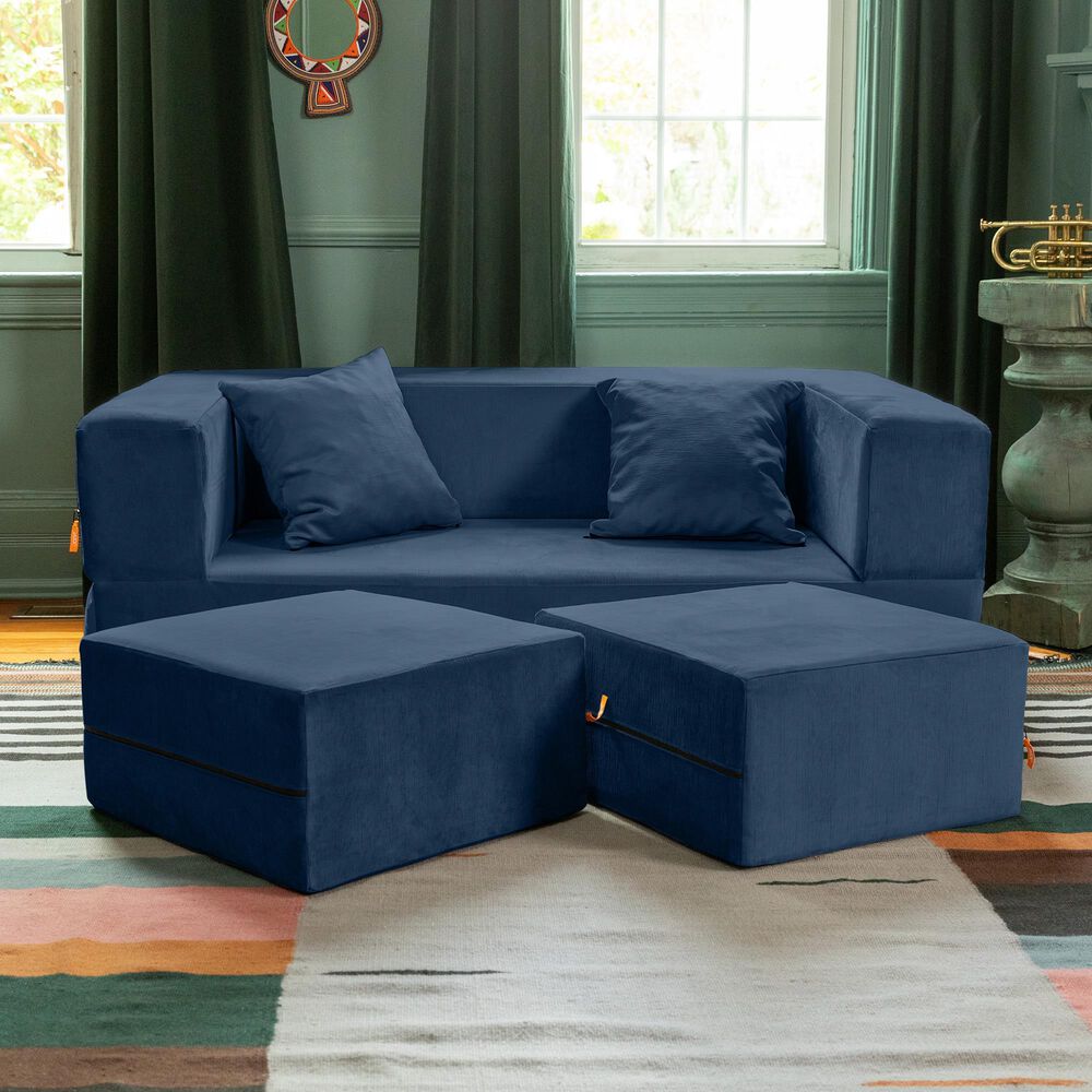 Jaxx Zipline 3-Piece Stationary Convertible Sleeper Loveseat in Indigo Velvet, , large