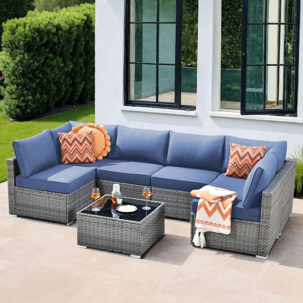 HOMLUX 7-Piece Patio Conversation Set with Grey Wicker in Denim Blue, , large