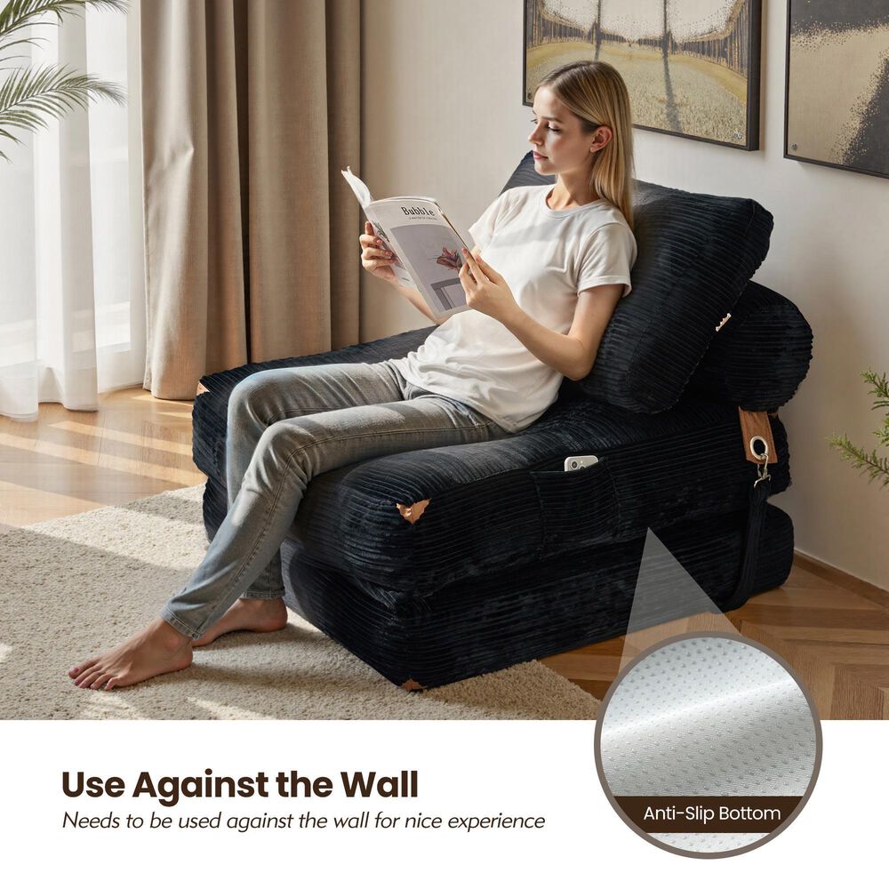 HOMLUX Convertible Sleeper Chair with Pillow and Back Support in Black, , large