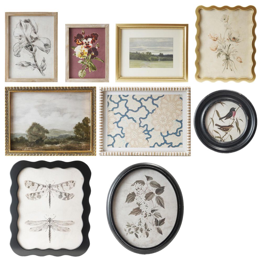 Creative Coop Obsidian 10"-19.5" 9-Piece Landscapes, Botanicals and Insect Prints Wall Decor Set in Multicolor, , large