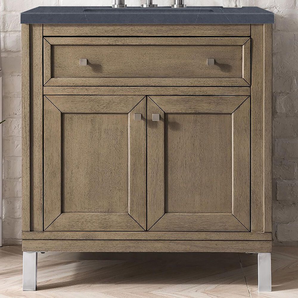 James Martin Vanities Chicago 30&quot; Single Bathroom Vanity in Whitewashed Walnut with 3 cm Charcoal Soapstone Quartz Top and Rectangular Sink, , large