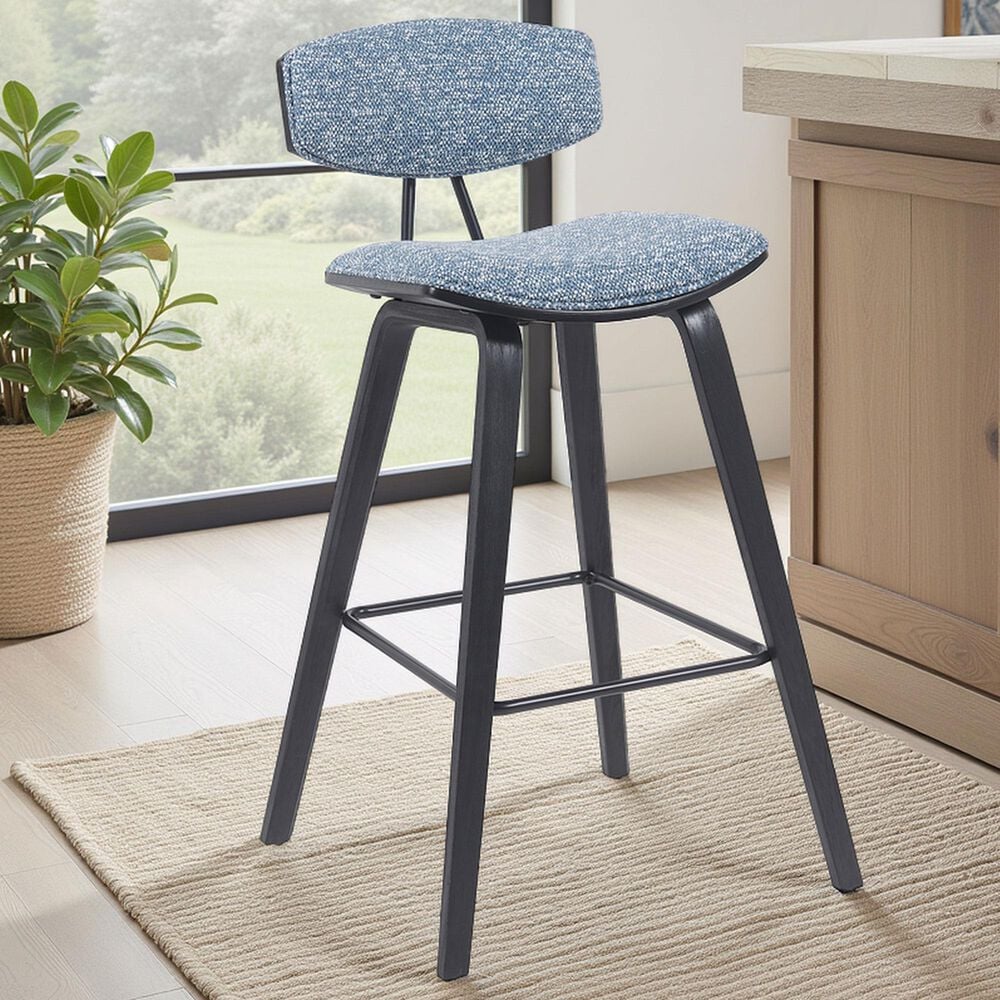 Armen Living Fox Bar Height Stool with Speckled Blue Upholstery in Black Brushed, , large