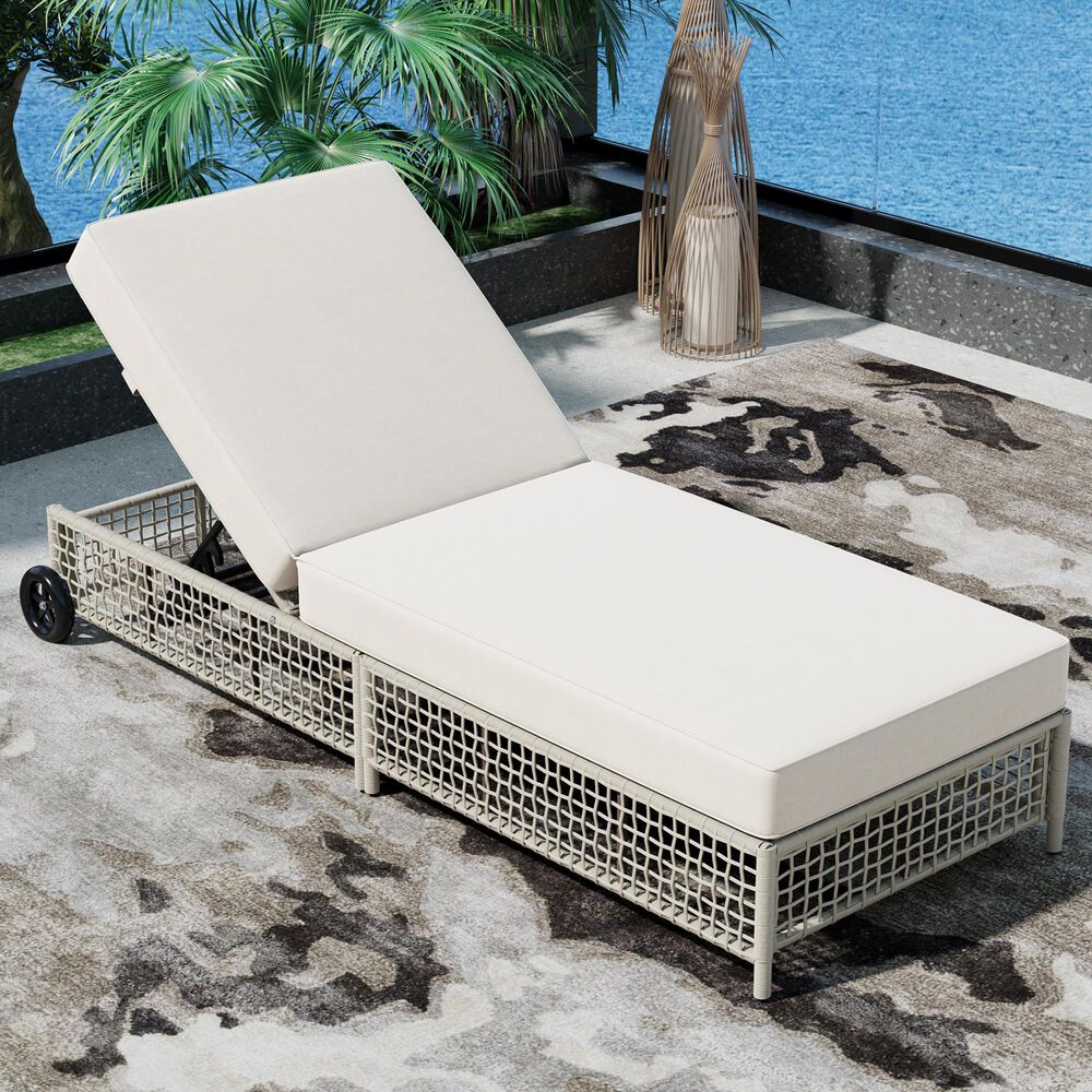 HOMLUX Patio Chaise Lounge with Creamy White Rattan in Beige, , large