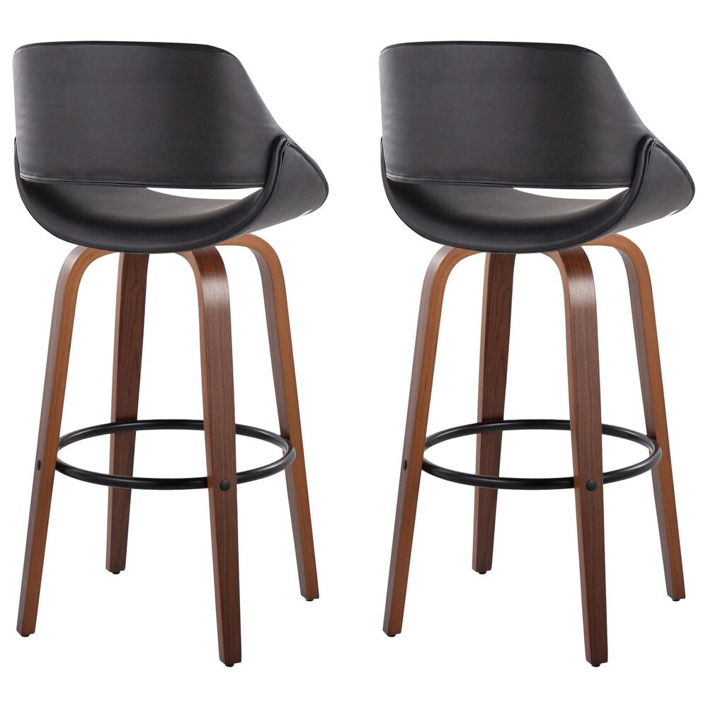 LumiSource Fabrico 30" Swivel Fixed-Height Bar Stool with Black Faux Leather Upholstery in Black and Walnut (Set of 2), , large