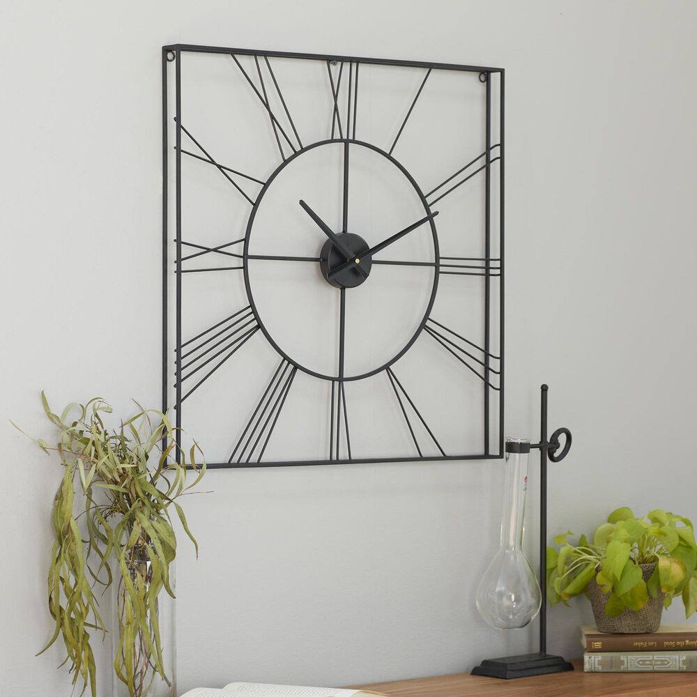 Maple and Jade Open Frame Square Decorative Wall Clock in Matte Black, , large