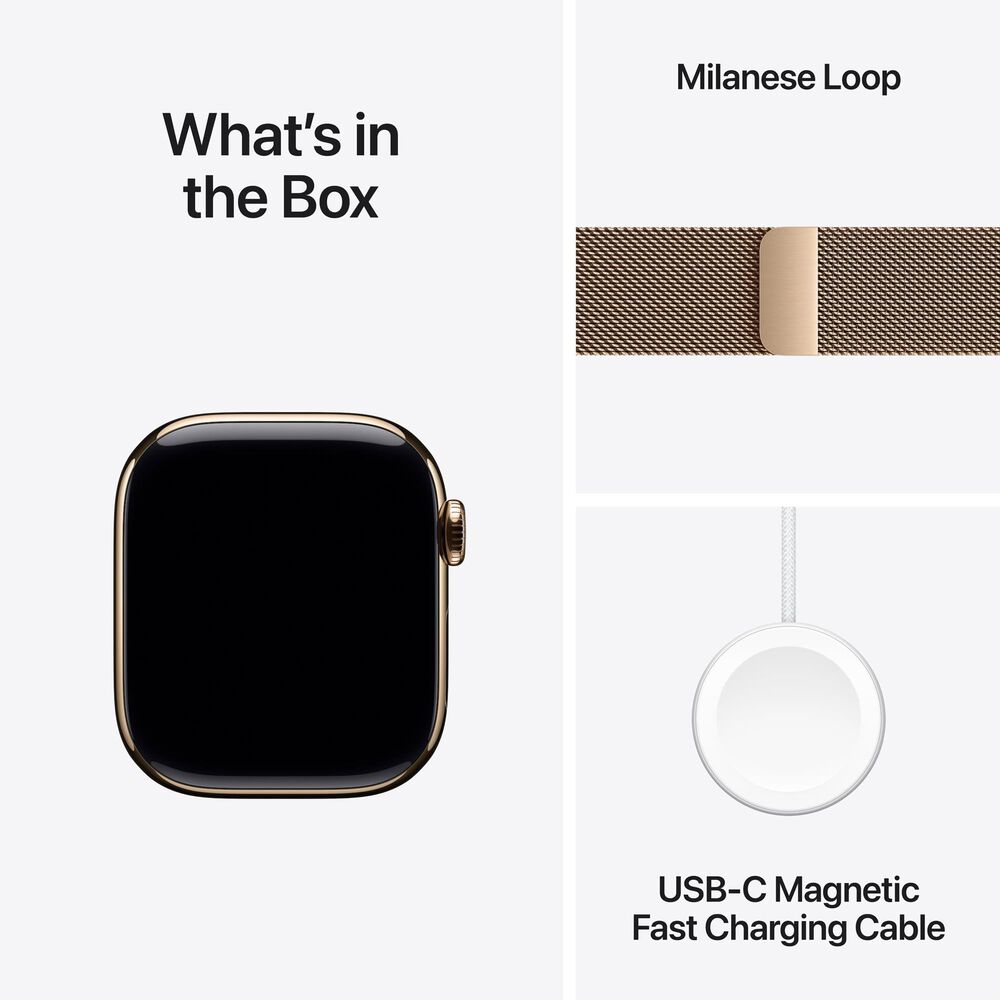 Apple Watch Series 11 (GPS+Cellular) 42mm Titanium Case with Milanese Loop in Gold and 2-Year AppleCare+, , large