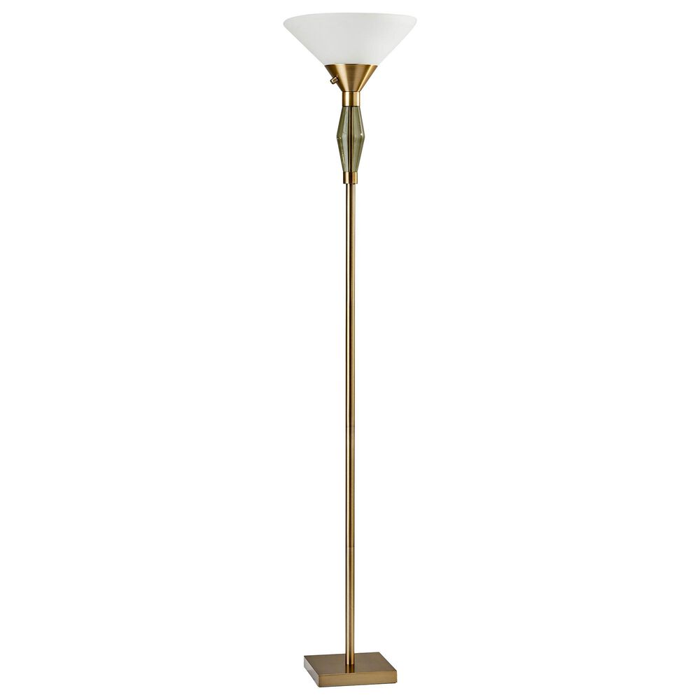 Adesso Murphy Torchiere in Antique Brass and Green Glass, , large