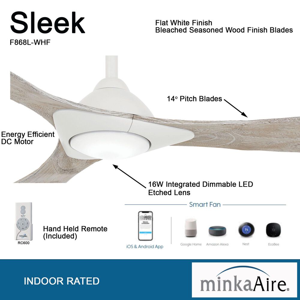 Minka-Aire Sleek 60" Smart Ceiling Fan with LED Light in Flat White, , large