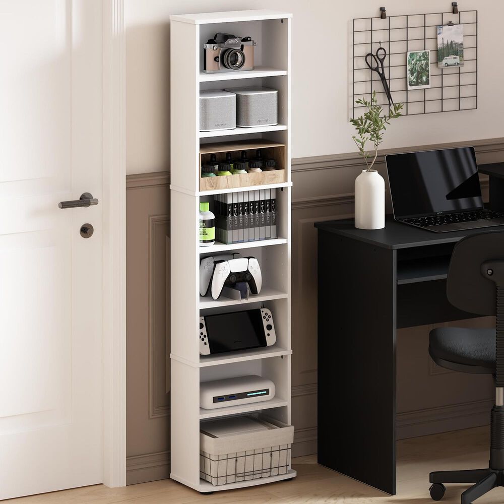 HOMLUX 8-Tier Multimedia Storage Tower with Adjustable Shelves in White, , large