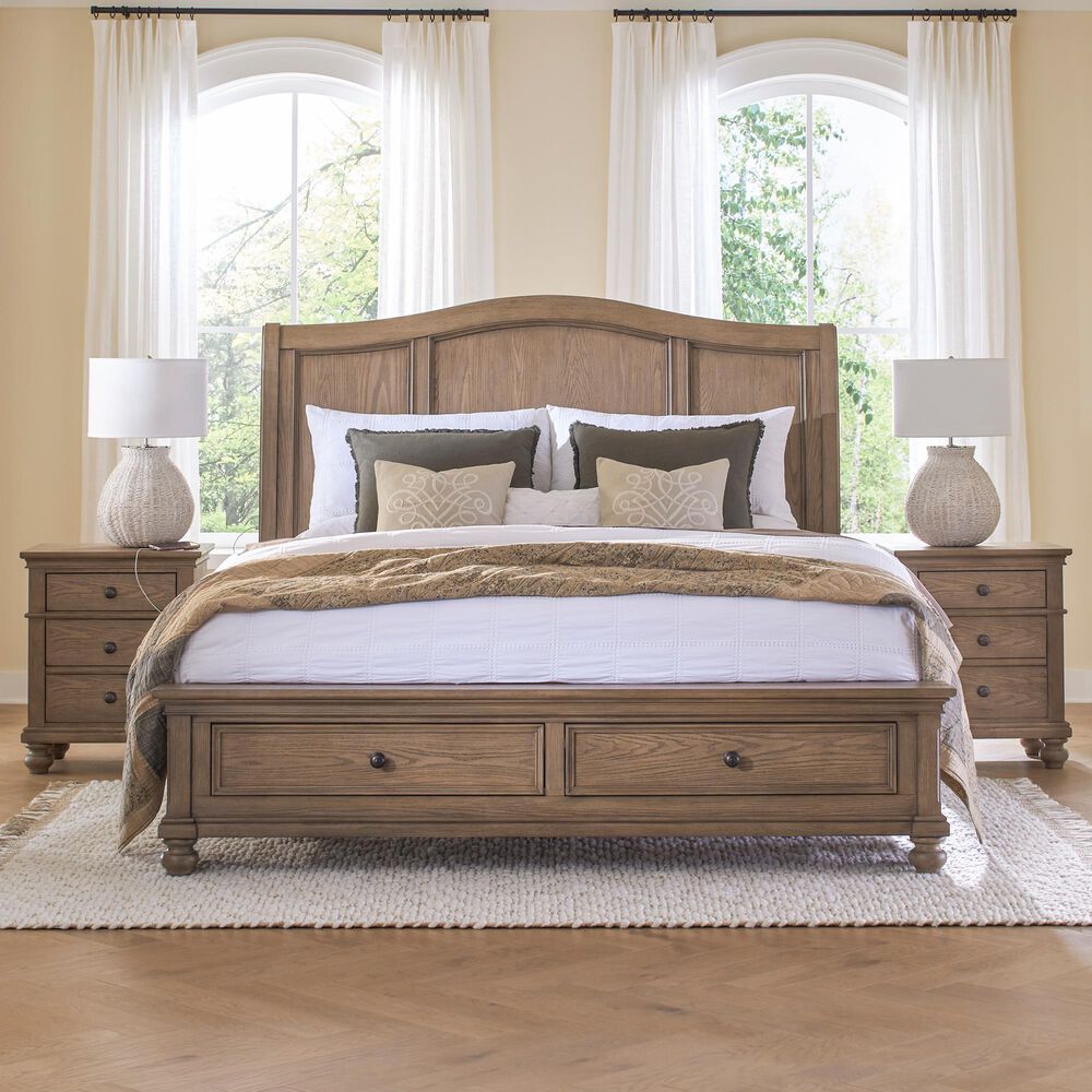 Riva Ridge Oxford King Sleigh Storage Bed with Two Nightstands in Tan with USB Ports, , large