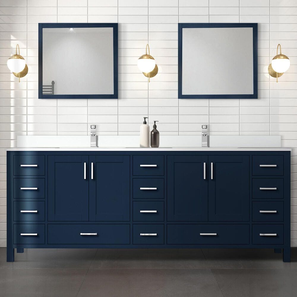 Lexora Home Jacques 84&quot; Double Bathroom Vanity in Navy Blue with 2 cm White Quartz Top and Rectangular Sinks, , large