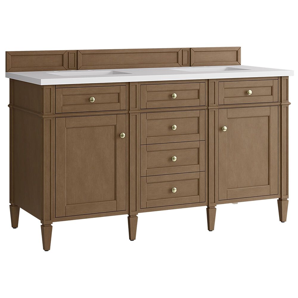 James Martin Brittany 60" Double Bathroom Vanity in Pecan with 3 cm White Zeus Silestone Top and Rectangular Sinks, , large