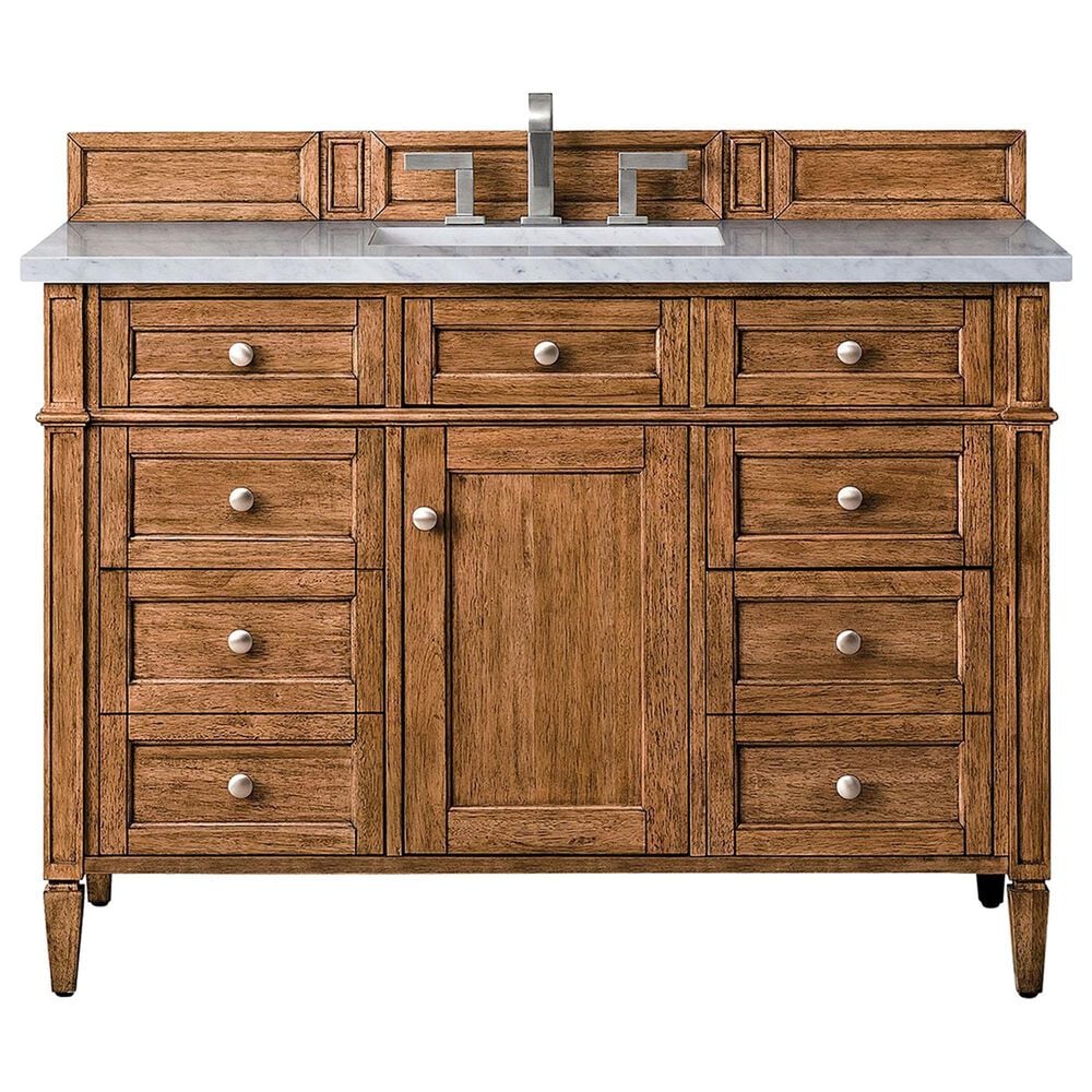 James Martin Vanities Brittany 48" Single Bathroom Vanity in Saddle Brown with 3 cm Eternal Jasmine Pearl Quartz Top and Rectangular Sink, , large