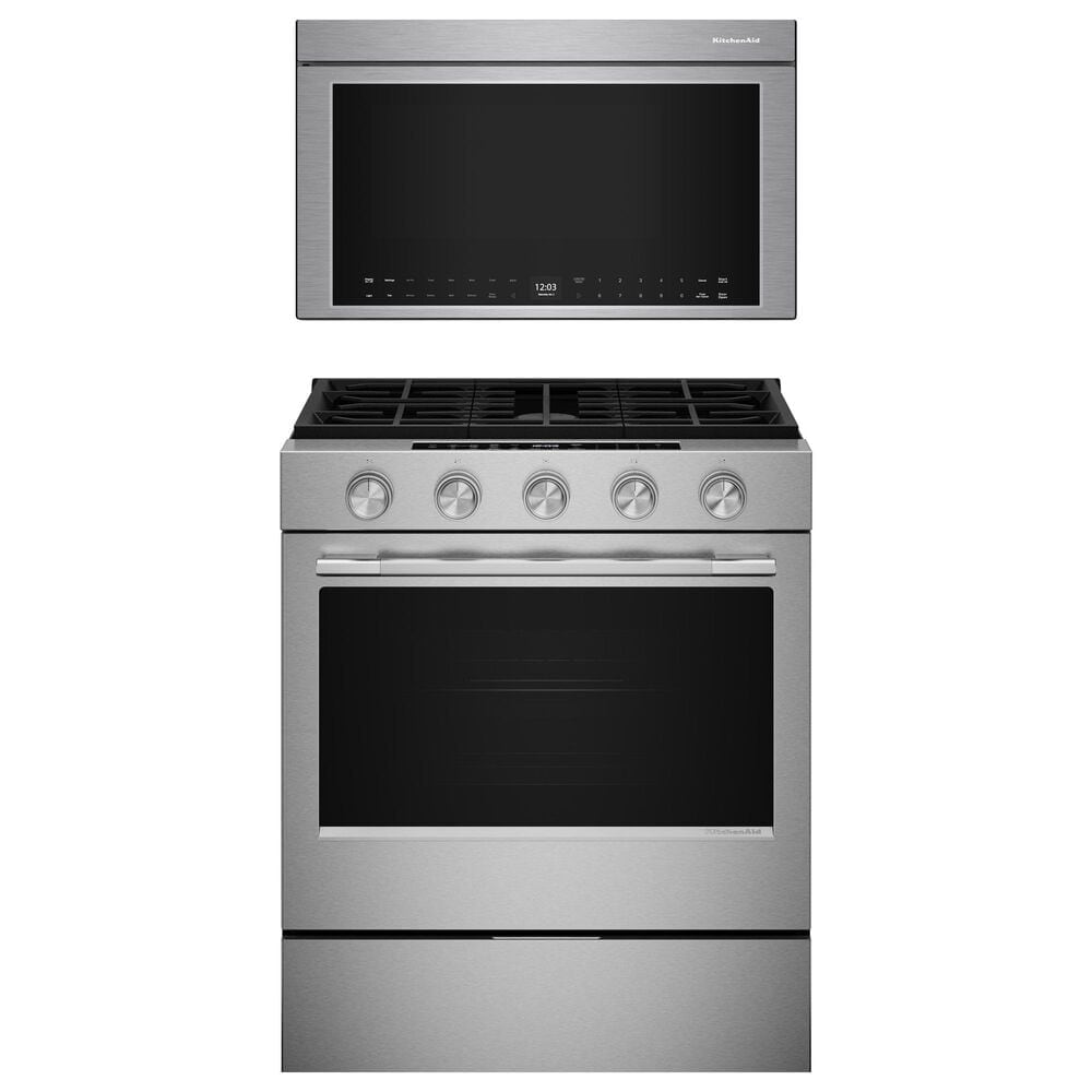 KitchenAid 2-Piece Kitchen Package with 5 Cu. Ft. Smart Slide-in Gas Range and 1.1 Cu. Ft. Multifunction Over-the-Range Microwave Oven in PrintShield Stainless Steel, , large