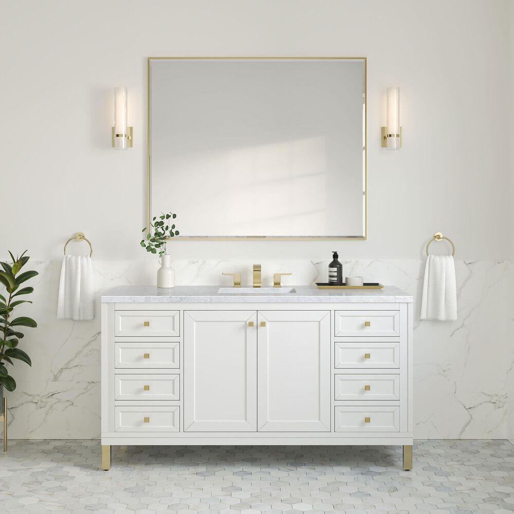 James Martin Vanities Chicago 60&quot; Single Bathroom Vanity in Glossy White with 3 cm Carrara White Marble Top and Rectangular Sink, , large