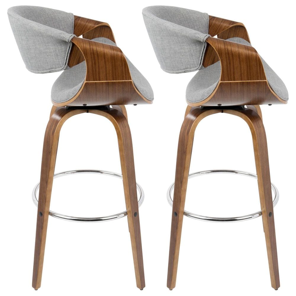 LumiSource Curvini 30" Swivel Barstool with Grey Upholstery in Walnut and Chrome (Set of 2), , large