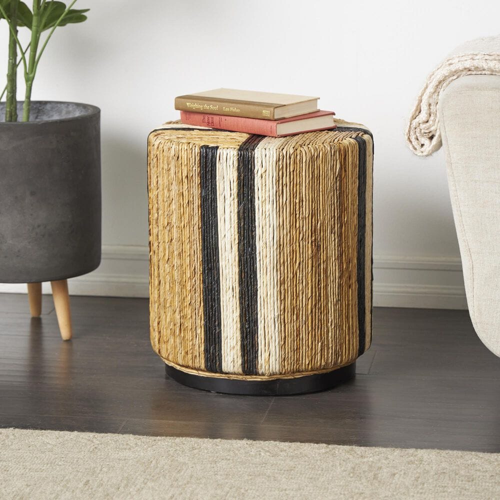 Maple and Jade Banana Leaf Drum Linear Wrapped End Table in Cream and Black, , large