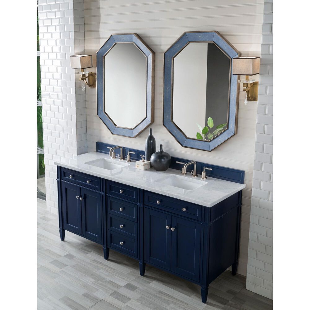 James Martin Vanities Brittany 72&quot; Double Bathroom Vanity in Victory Blue with 3 cm Carrara White Marble Top and Rectangle Sinks, , large