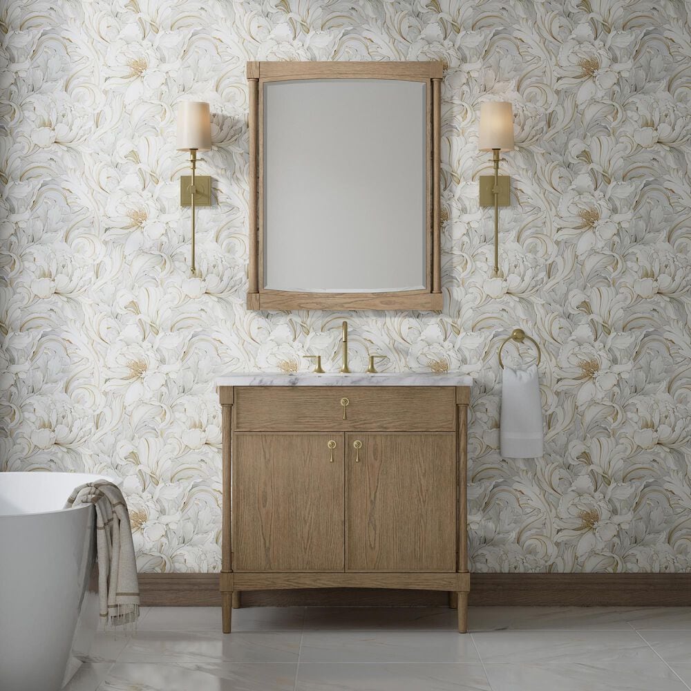 James Martin Kinnsden 36" Single Bathroom Vanity in Weathered Oak with 3 cm Carrara Marble Top and Rectangular Sink, , large