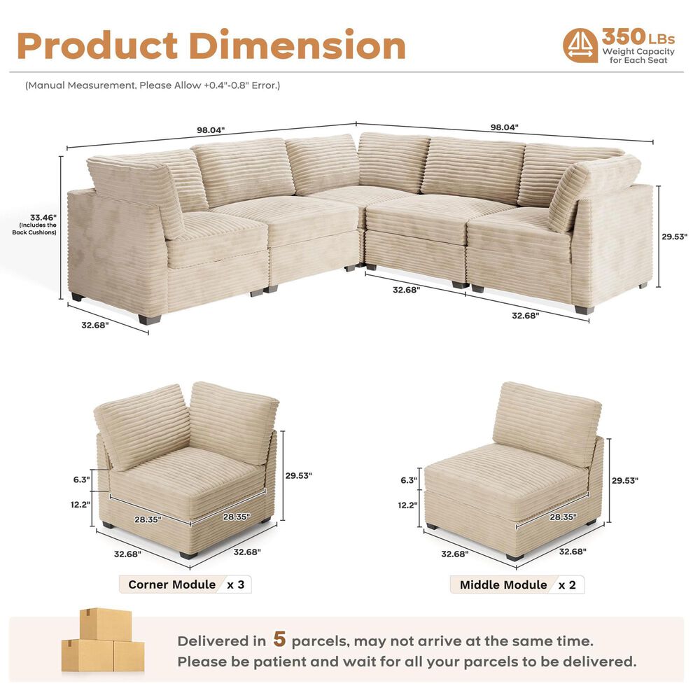 HOMLUX 5-Piece Mod Sectional with Chaise in Beige, , large