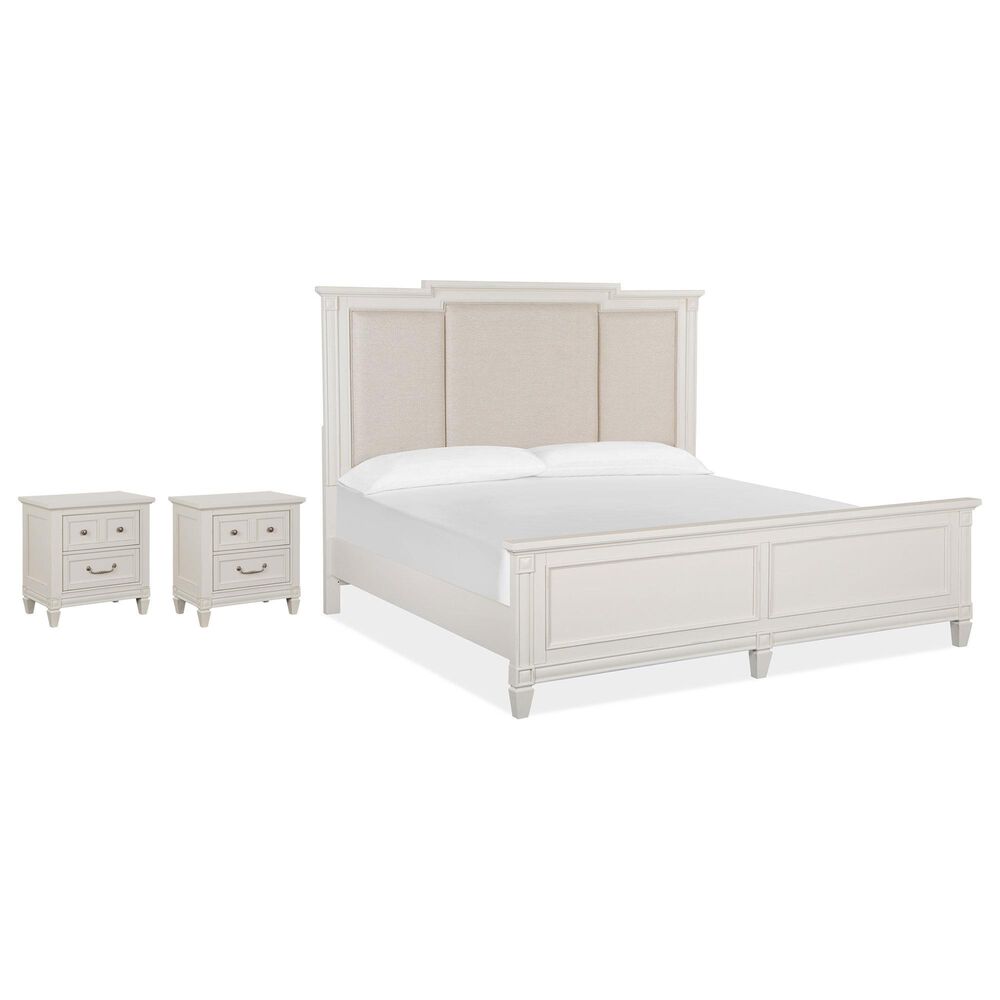 Nicolette Home Willowbrook King Panel Bed with Upholstered Headboard with Two Nightstands in Egg Shell White, , large