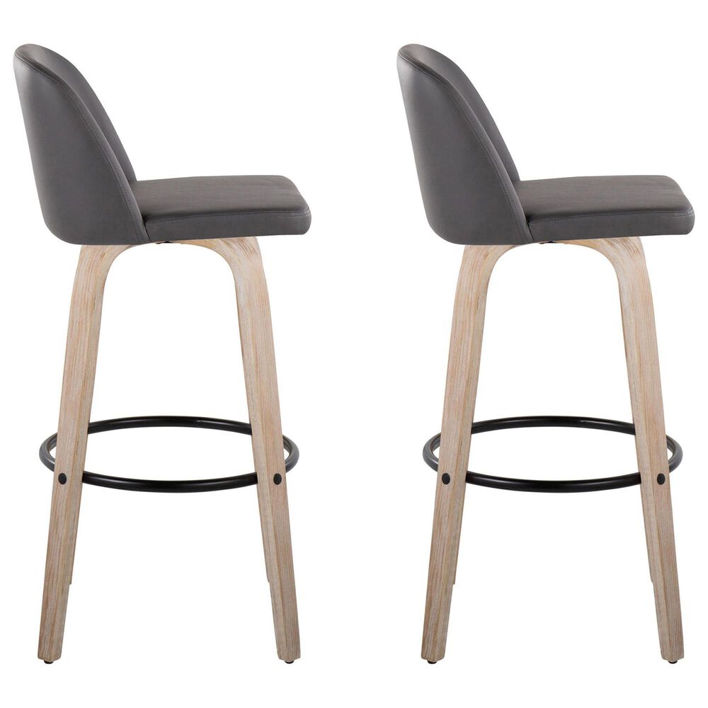 LumiSource Toriano Swivel Bar Stool with Grey Faux Leather Upholstery in Whitewashed and Black (Set of 2), , large