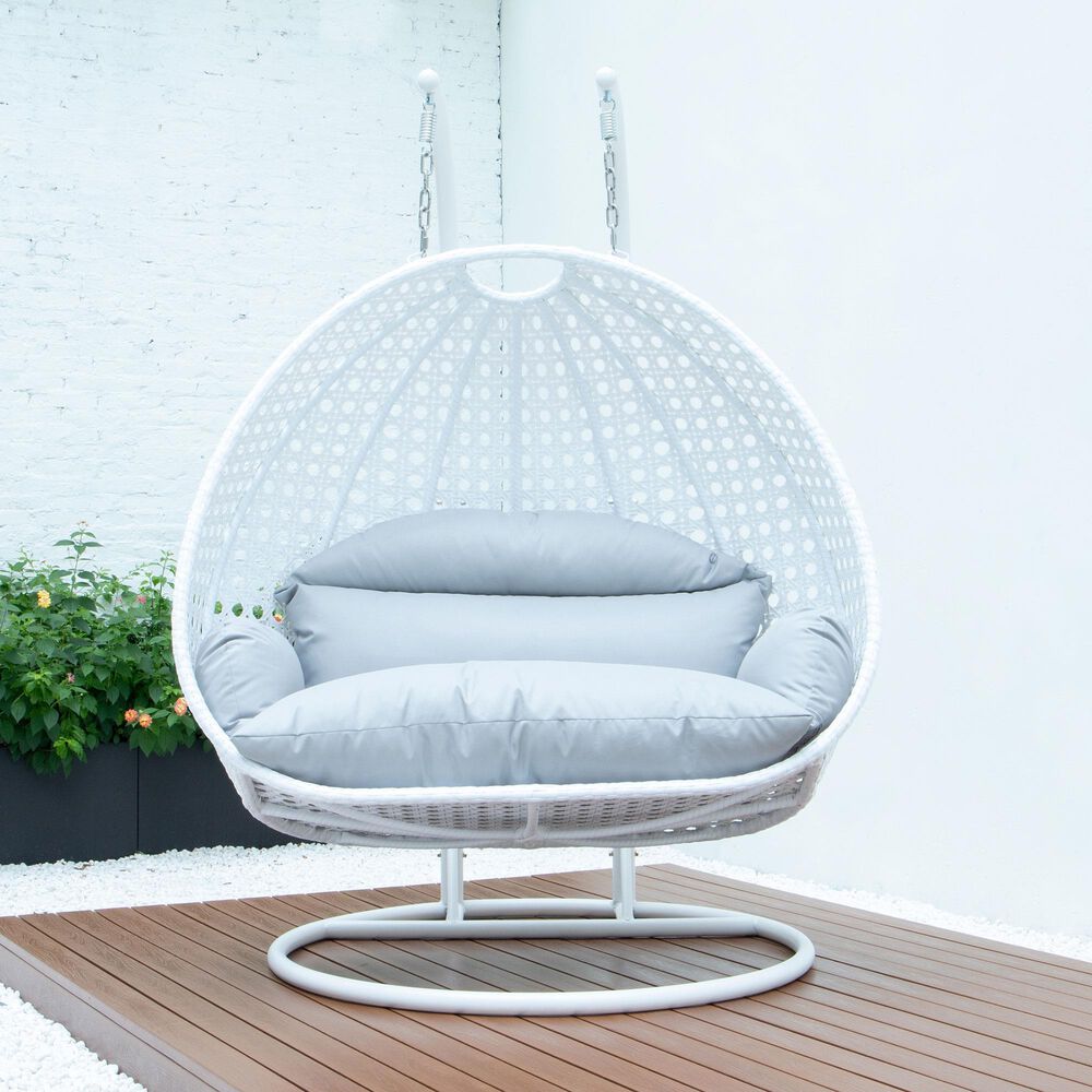 Leisuremod 2-Seat Hanging Egg Swing Chair with Light Grey Cushion in White, , large