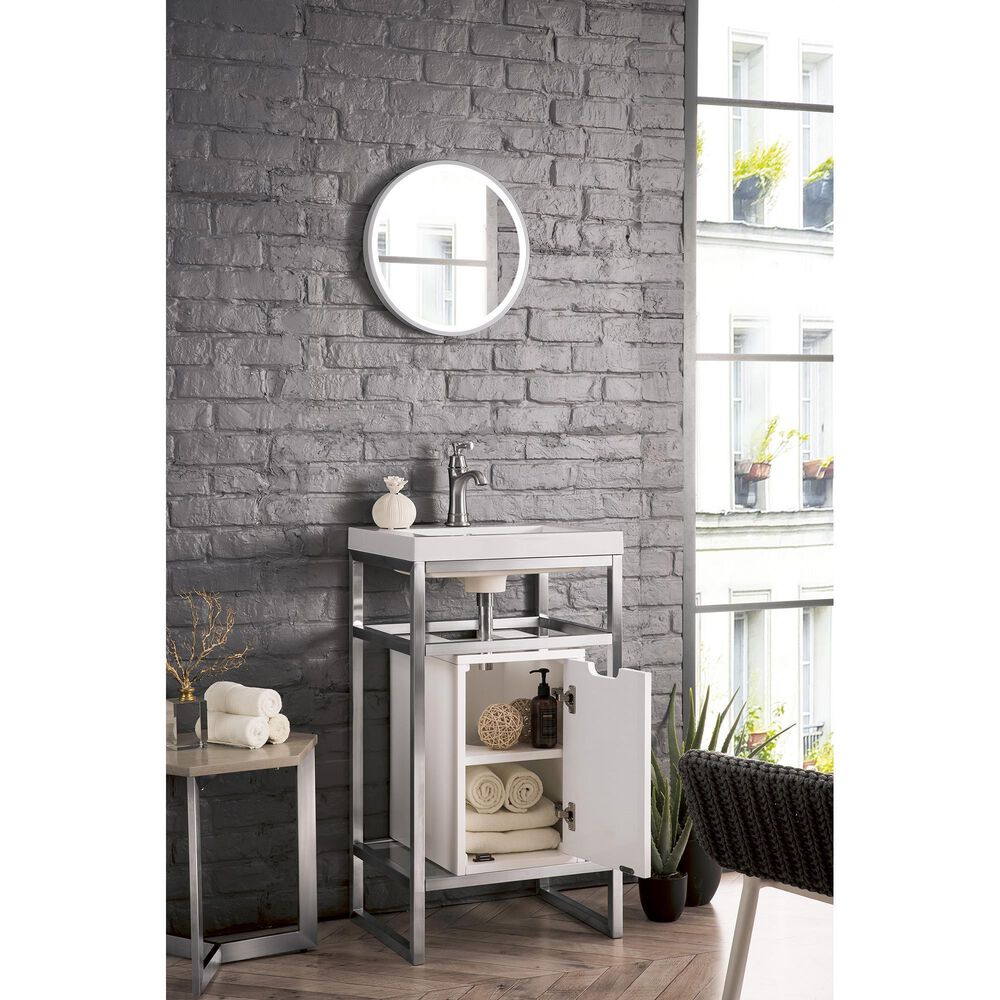 James Martin Vanities Boston 20&quot; Single White Door Bathroom Vanity in Brushed Nickel with 3 cm White Glossy Resin Countertop and Rectangular Sink, , large