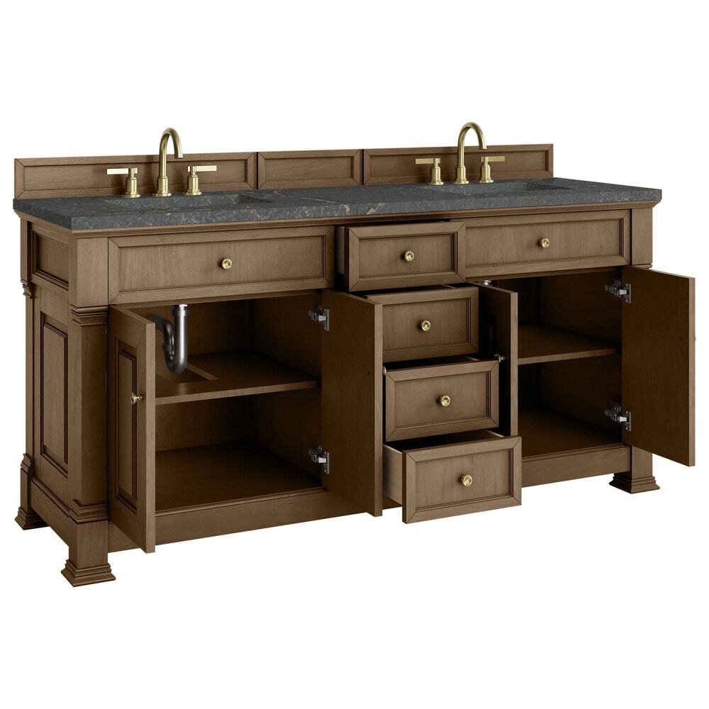 James Martin Vanities Brookfield 72&quot; Double Bathroom Vanity in Pecan with 3cm Parisien Bleu Quartz Top and Rectangular Sinks, , large