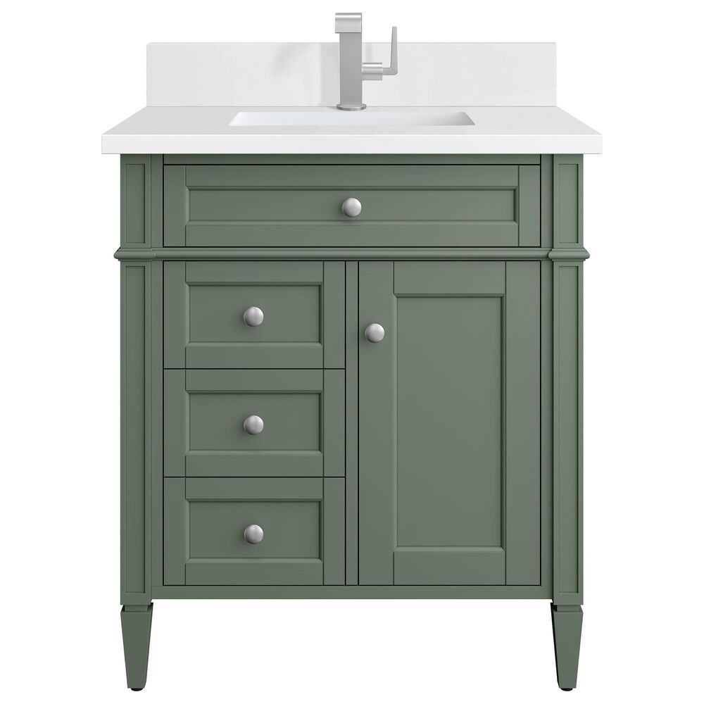 James Martin Vanities Brittany 30" Single Bathroom Vanity in Smokey Celadon with Single Hole 3 cm White Zeus Quartz Top and Rectangular Sink, , large