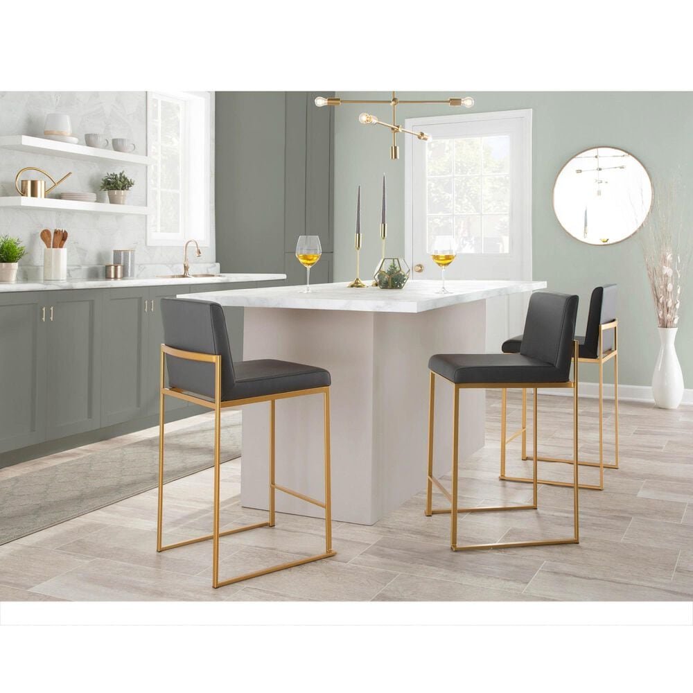 Lumisource Fuji High Back Counter Stool with Grey Faux Leather Cushion in Gold &#40;Set of 2&#41;, , large