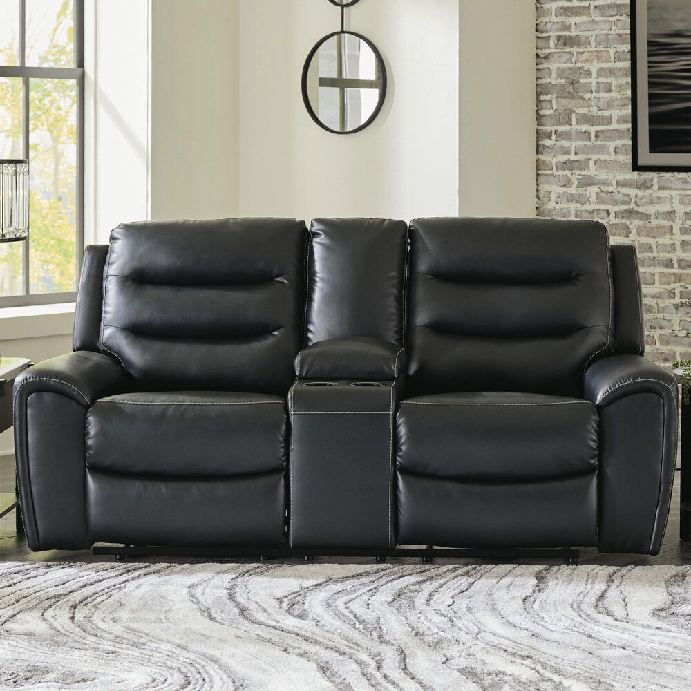Ashley Warlin Power Reclining Loveseat with Console in Black, , large