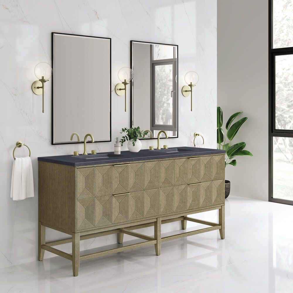James Martin Vanities Emmeline 72" Double Bathroom Vanity in Pebble Oak with 3 cm Charcoal Soapstone Quartz Top and Rectangular Sinks, , large