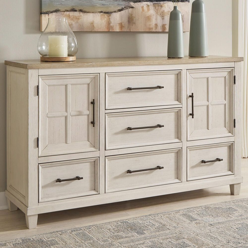 Ashley Shaybrock 5-Drawer Dresser in Antiqued White and Brown, , large