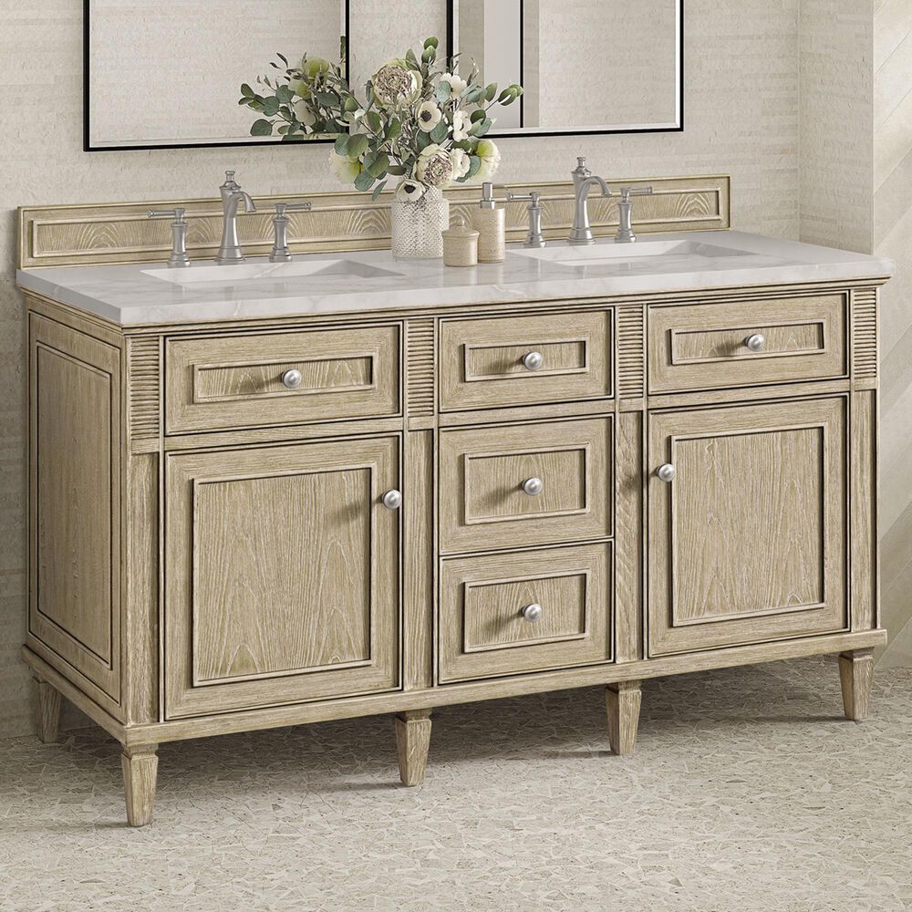 James Martin Vanities Lorelai 60&quot; Double Vanity in Whitewashed Oak with 3 cm Victorian Silver Quartz Top, , large