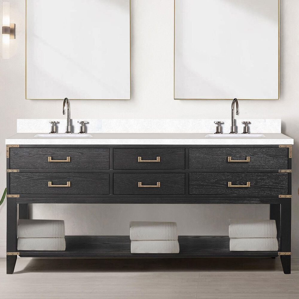 Lexora Home Norwalk 72&quot; Double Bathroom Vanity in Black Oak with White Quartz Top and Rectangular Sinks, , large