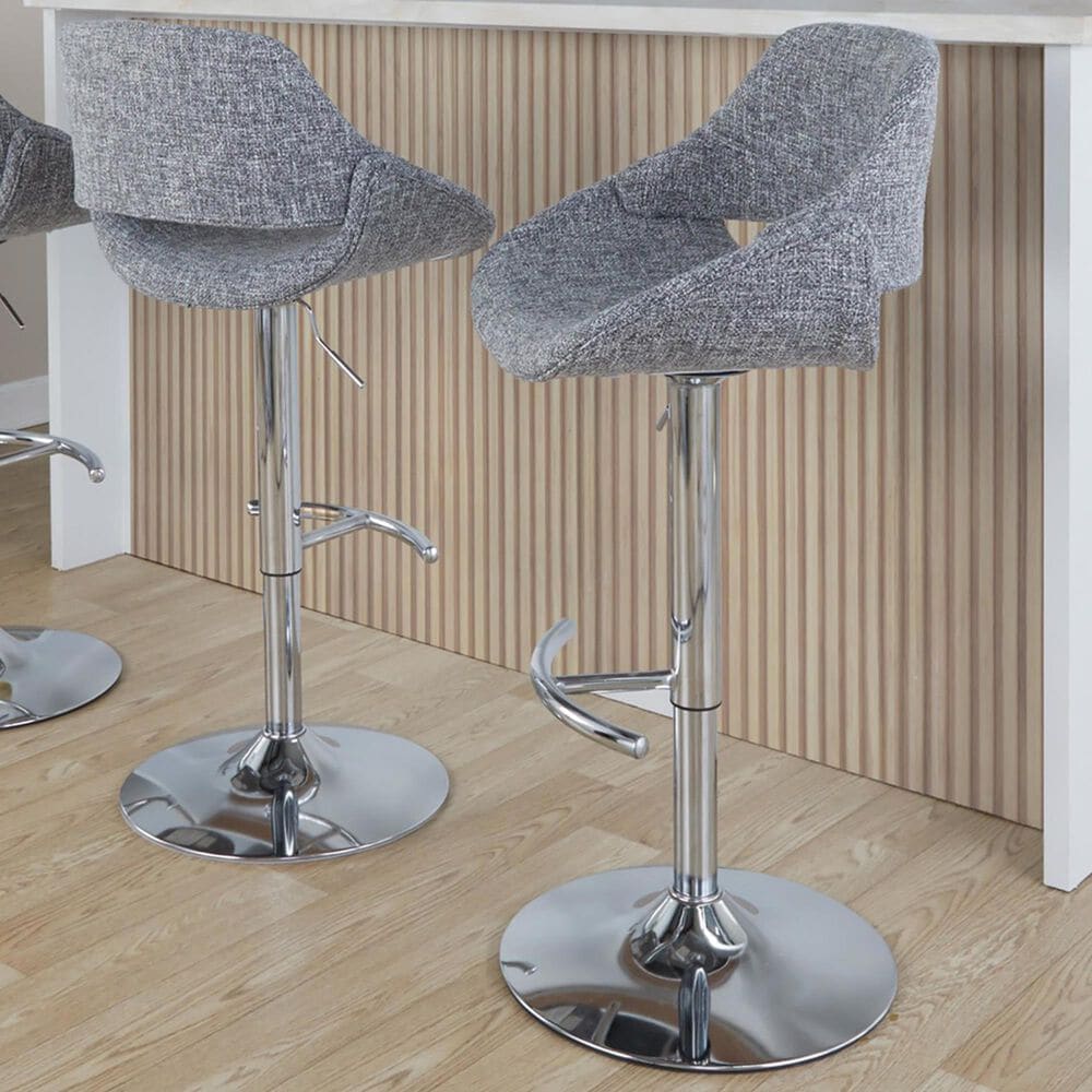 LumiSource Fabrico Swivel Adjustable Bar Stool with Grey Noise Fabric Upholstery and Rounded T Footrest in Chrome (Set of 2), , large