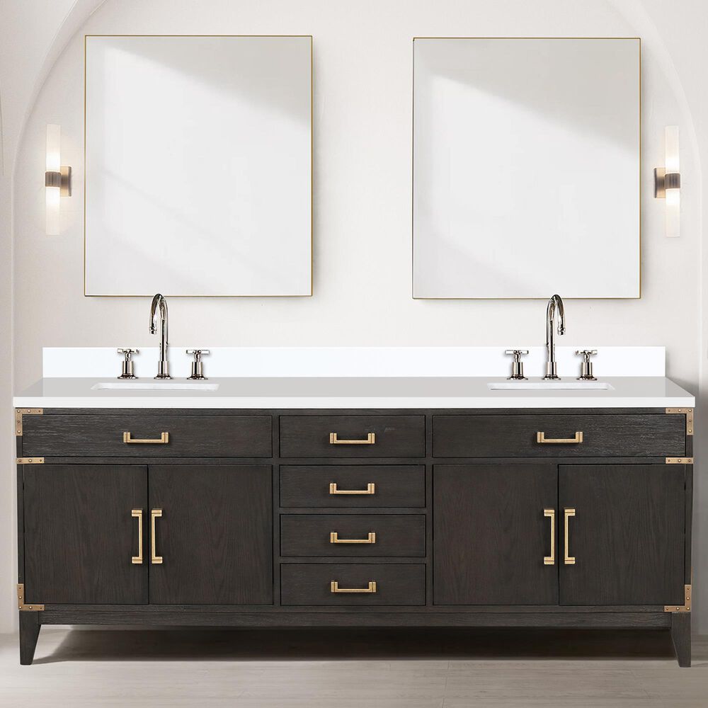 Lexora Home Laurel 84&quot; Double Bathroom Vanity in Brown Oak with White Cultured Marble Top and Rectangular Sinks, , large