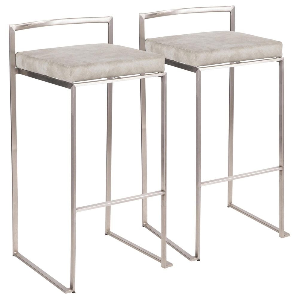 LumiSource Fuji 30" Stacker Bar Stool with Light Grey Cowboy Upholstery in Stainless Steel (Set of 2), , large