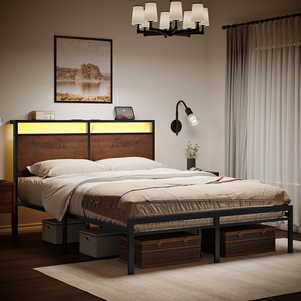 HOMLUX Vintage Queen Platform Bed with Storage LED Headboard in Rustic Brown, , large
