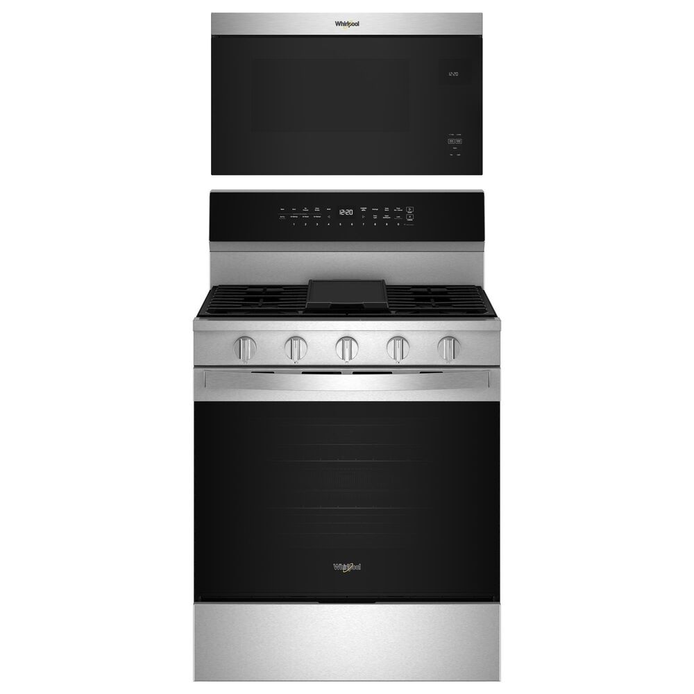 Whirlpool 2pc Kitchen Package with 30-inch Smart Gas Range with Air Cooking Technology, No Preheat Air Fry, Steam/Self Clean and High Speed Preheat and 1.1 Cu. Ft. Flush Mount Microwave with Turntable-Free Design in Stainless Steel, , large