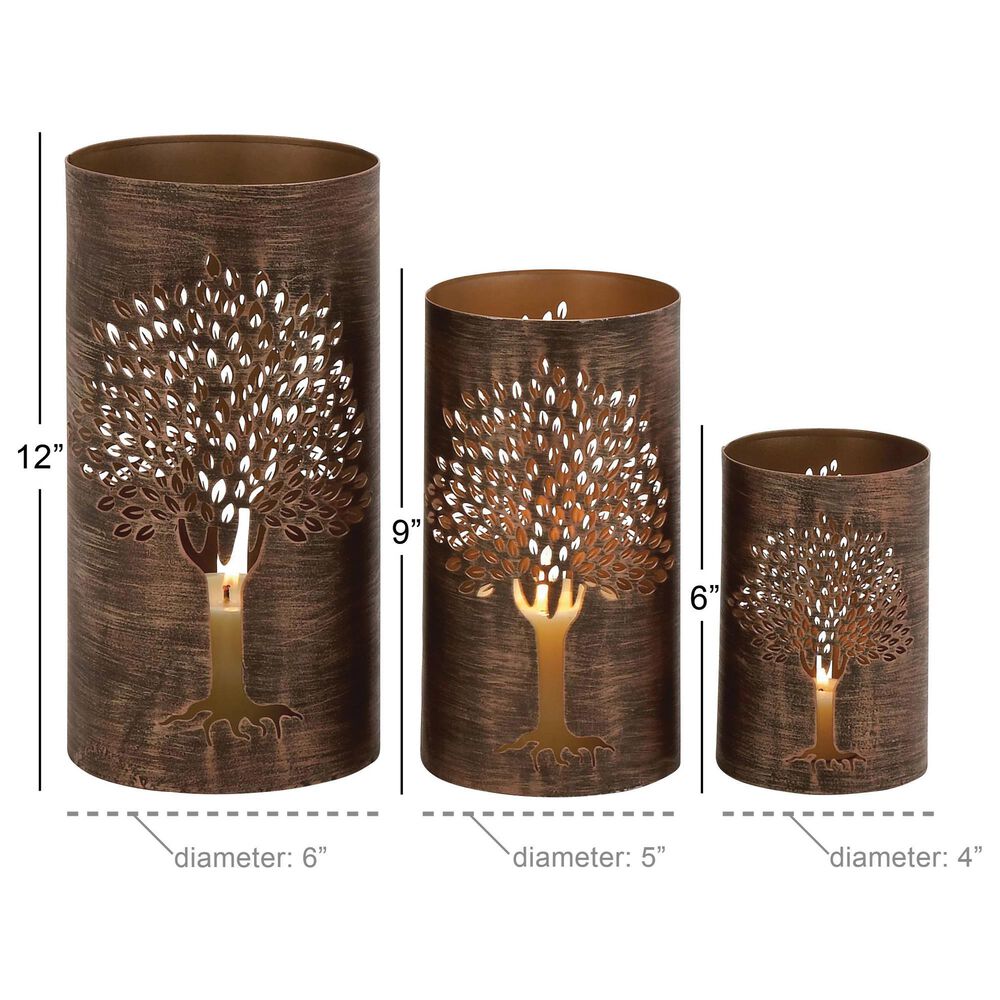 Maple and Jade Tree Cutout Decorative Indoor/Outdoor Candle Lantern in Brushed Copper &#40;Set of 3&#41;, , large