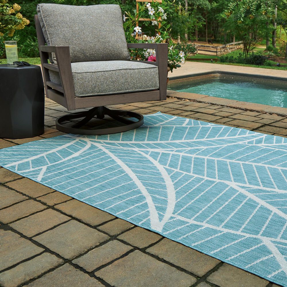 Ashley Hulsia 5&#39; x 7&#39; Ivory and Aqua Outdoor Rug, , large